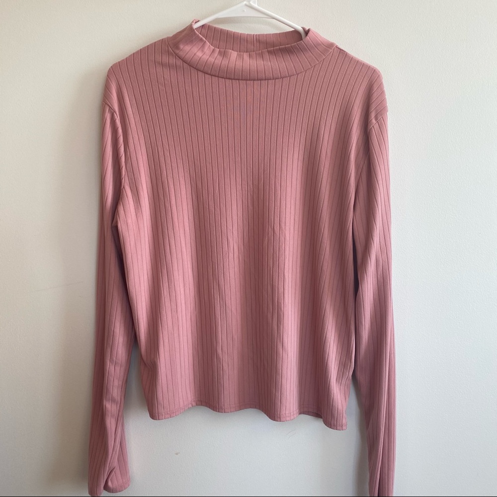 Ribbed Mock Neck Long Sleeve Pink - XL